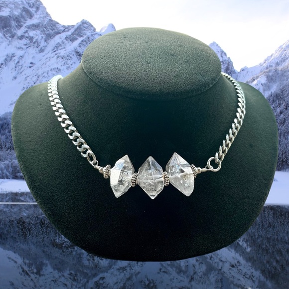 3 big Genuine herkimer diamonds crystals stainless steel boho choker necklace - Picture 1 of 15
